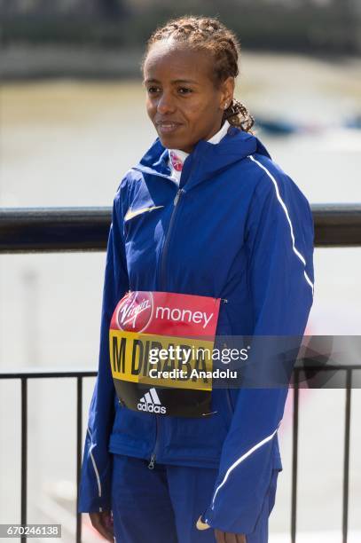 Mare Dibaba of Ethopia poses during the London Marathon photo call on April 19, 2017 in London, United Kingdom.