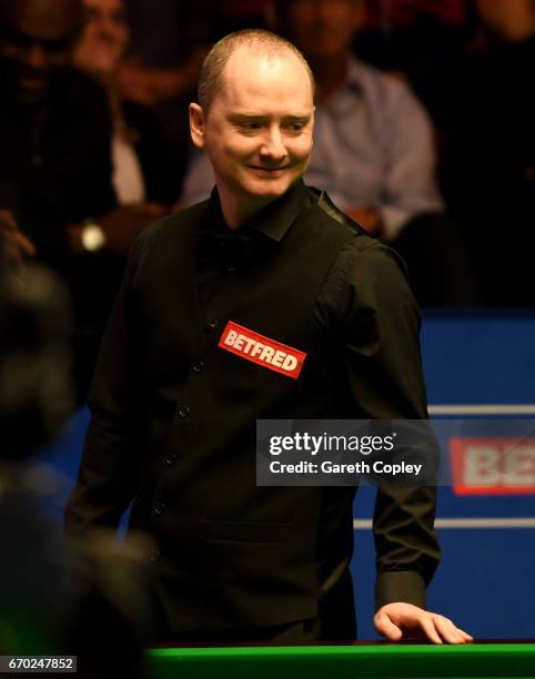 Graeme Dott smiles during their first round match of the World Snooker Championship at Crucible Theatre on April 19, 2017 in Sheffield, England.