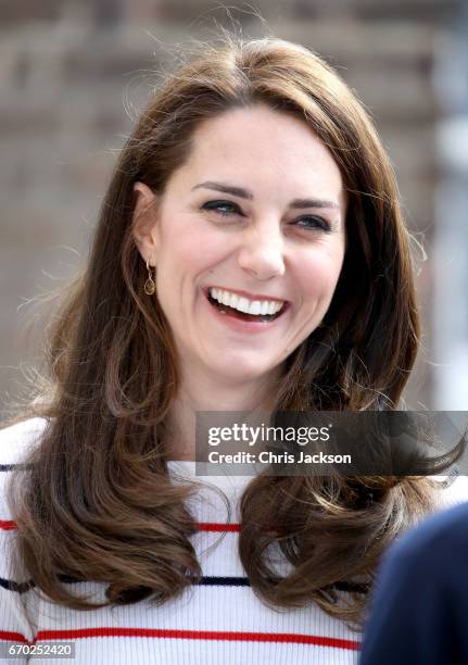 Catherine, Duchess of Cambridge speaks with runners from Team Heads Together ahead of the 2017 Virgin Money London Marathon, at Kensington Palace on...