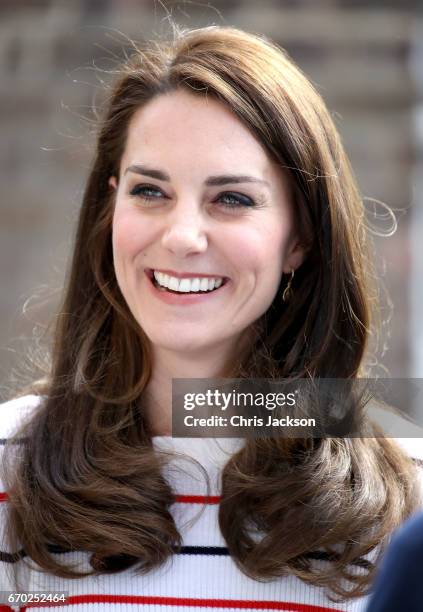 Catherine, Duchess of Cambridge speaks with runners from Team Heads Together ahead of the 2017 Virgin Money London Marathon, at Kensington Palace on...