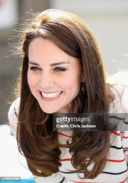 Catherine, Duchess of Cambridge speaks with runners from Team Heads Together ahead of the 2017 Virgin Money London Marathon, at Kensington Palace on...