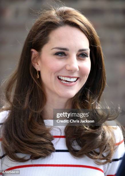 Catherine, Duchess of Cambridge speaks with runners from Team Heads Together ahead of the 2017 Virgin Money London Marathon, at Kensington Palace on...