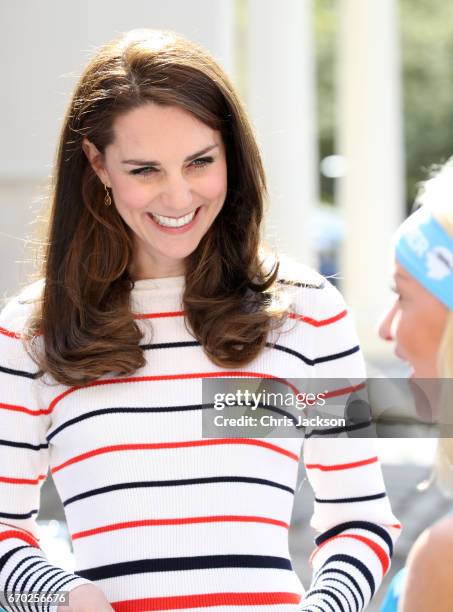 Catherine, Duchess of Cambridge speaks with runners from Team Heads Together ahead of the 2017 Virgin Money London Marathon, at Kensington Palace on...