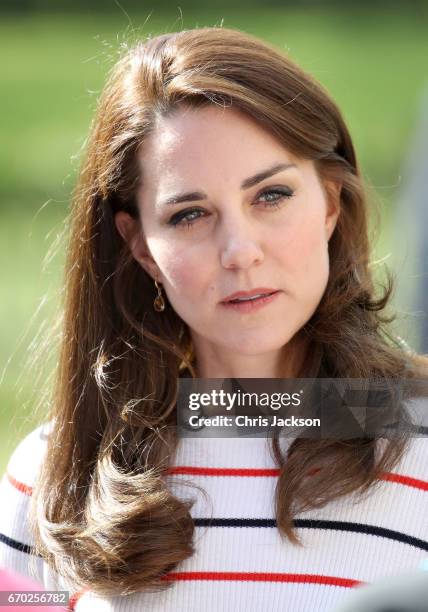 Catherine, Duchess of Cambridge speaks with runners from Team Heads Together ahead of the 2017 Virgin Money London Marathon, at Kensington Palace on...