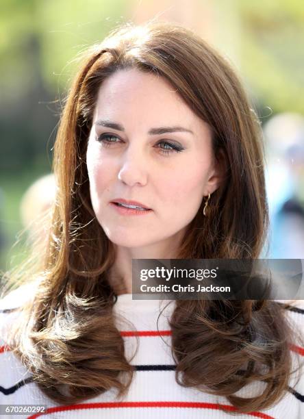 Catherine, Duchess of Cambridge speaks with runners from Team Heads Together ahead of the 2017 Virgin Money London Marathon, at Kensington Palace on...