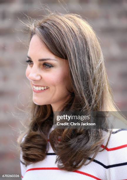 Catherine, Duchess of Cambridge speaks with runners from Team Heads Together ahead of the 2017 Virgin Money London Marathon, at Kensington Palace on...