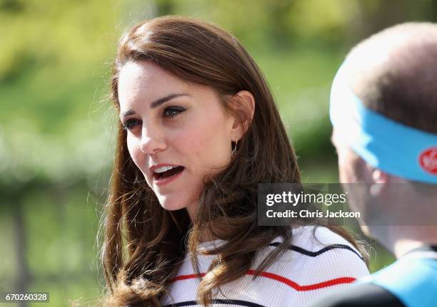 Catherine, Duchess of Cambridge speaks with runners from Team Heads Together ahead of the 2017 Virgin Money London Marathon, at Kensington Palace on...