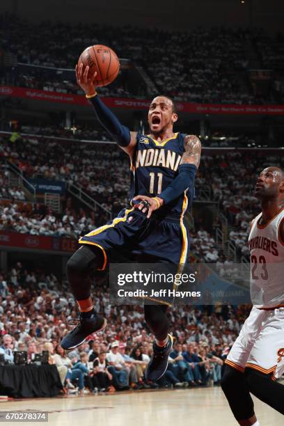 Monta Ellis of the Indiana Pacers drives to the basket against the Cleveland Cavaliers in Round One of the Eastern Conference Playoffs during the...