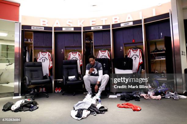 DeMar DeRozan of the Toronto Raptors gets ready before the game against the Milwaukee Bucks on April 15, 2017 during Game One of Round One of the...