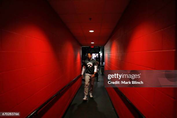 DeMar DeRozan of the Toronto Raptors before the game against the Milwaukee Bucks on April 15, 2017 during Game One of Round One of the 2017 NBA...