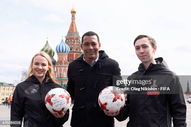 Gilberto Silva poses with volunteers at the Red Square before FIFA Venue Ticketing Centre Opening Event on April 19, 2017 in Moscow, Russia.