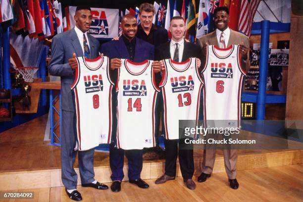 Chuck Daly,Scottie Pippen,Charles Barkley,Chris Mullin, and Patrick Ewing pose for a photo during the announcement of the 1992 USA Olympic basketball...