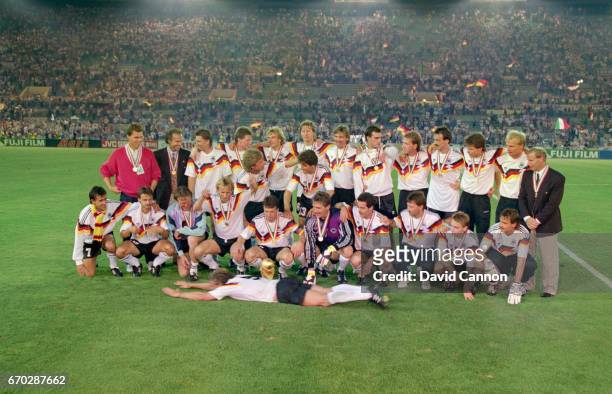 The West Germany team celebrate after the 1990 FIFA World Cup Final between West Germany and Argentina at Olympic Stadium on July 8, 1990 in Rome,...