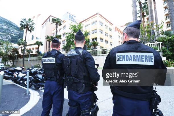 Gendarmerie stand guard outside Stade Louis II before the UEFA Champions League Quarter Final second leg match between AS Monaco and Borussia...