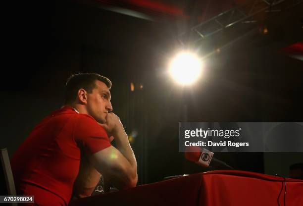 Lion's captain Sam Warburton faces the media during the British and Irish Lions Tour Squad and Captain annoucement at London Syon Park Hotel on April...