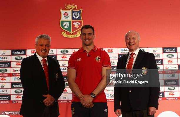 Sam Warburton poses for the cameras flanked by Warren Gatland and John Spencer during the British and Irish Lions Tour Squad and Captain annoucement...