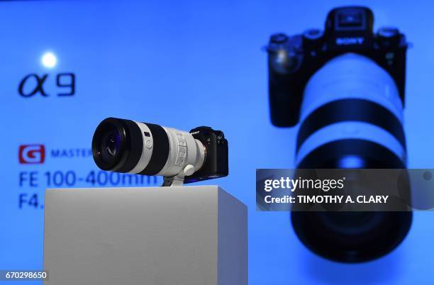 The Sony A9 mirrorless full frame camera high-end full frame mirrorless camera is shown with the Sony FE 100-400 F4.5-5.6 GM lens, to the press...