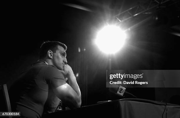 Lion's captain Sam Warburton faces the media during the British and Irish Lions Tour Squad and Captain annoucement at London Syon Park Hotel on April...