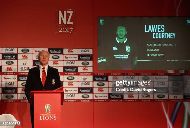 John Spencer unveils Courtney Lawes during the British and Irish Lions Tour Squad and Captain annoucement at London Syon Park Hotel on April 19, 2017...