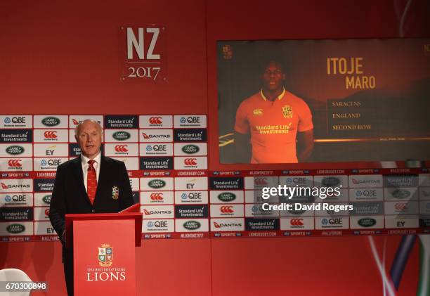 John Spencer unveils unveils Maro Itoje during the British and Irish Lions Tour Squad and Captain annoucement at London Syon Park Hotel on April 19,...