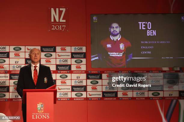 John Spencer unveils Ben Te'o during the British and Irish Lions Tour Squad and Captain annoucement at London Syon Park Hotel on April 19, 2017 in...