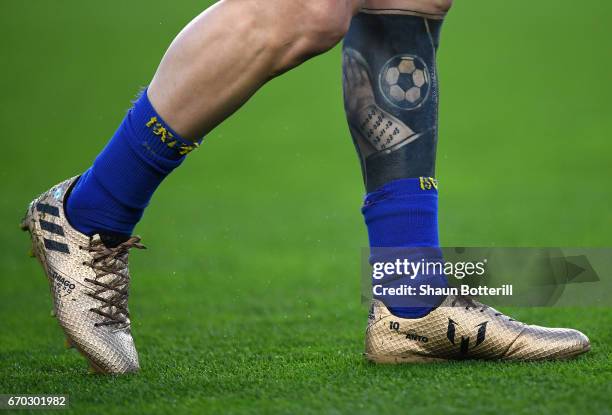 The tattoo of Lionel Messi of Brcelona is pictured during the UEFA Champions League Quarter Final second leg match between FC Barcelona and Juventus...