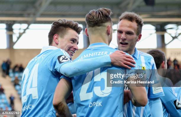 Bjoern Jopek of Chemnitz celebrates the opening goal with teammates during the Semi-finals at Wernesgruener Sachsen Pokal between Chemnitzer FC and...