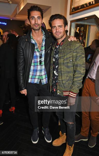 Hugo Taylor and Spencer Matthews attend a VIP private view for New York artist Bradley Theodore at Maddox Gallery on April 19, 2017 in London,...