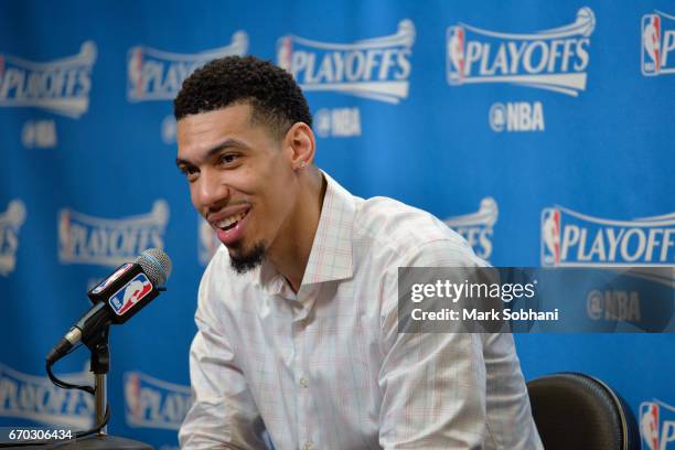 Danny Green of the San Antonio Spurs talks to the media during a press conference after Game Two of the Western Conference Quarterfinals against the...