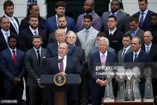 New England Patriots Head Coach Bill Belichick delivers remarks during a celebration of the team's Super Bowl victory hosted by U.S. President Donald...