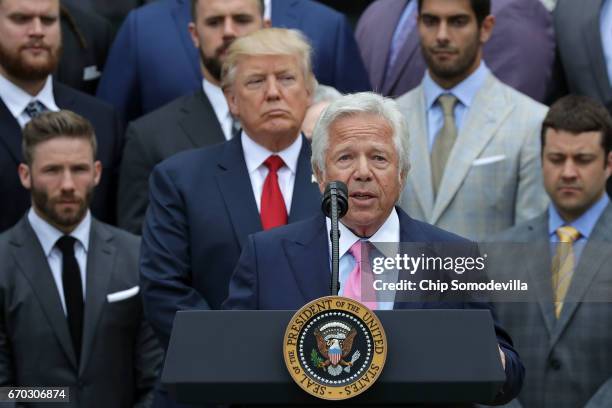 New England Patriots owner Robert Kraft delivers remarks during an event celebrating the team's Super Bowl win hosted by U.S. President Donald Trump...