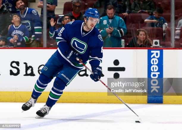 April 2: Nikita Tryamkin of the Vancouver Canucks skates up ice with the puck during their NHL game against the San Jose Sharks at Rogers Arena April...