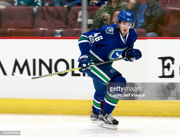 April 2: Jayson Megna of the Vancouver Canucks skates up ice during their NHL game against the San Jose Sharks at Rogers Arena April 2, 2017 in...