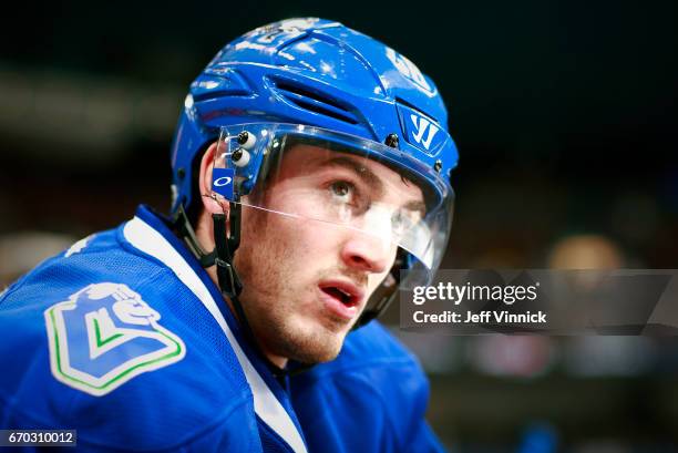 April 2: Jayson Megna of the Vancouver Canucks looks on from the bench during their NHL game against the San Jose Sharks at Rogers Arena April 2,...