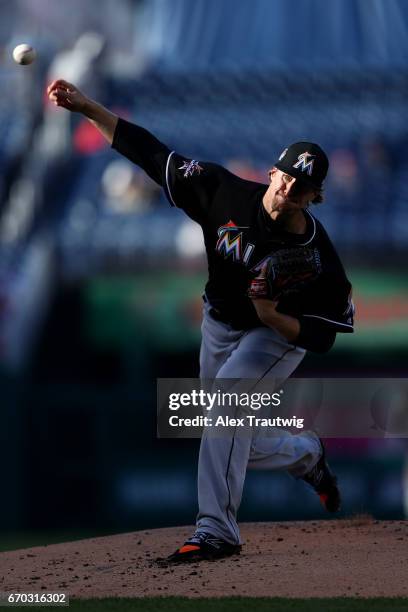 Tom Koehler of the Miami Marlins pitches during the game against the Washington Nationals at Nationals Park on Thursday, April 6, 2017 in Washington,...