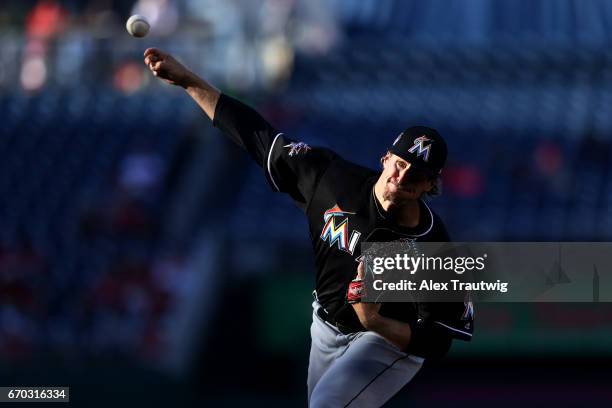 Tom Koehler of the Miami Marlins pitches during the game against the Washington Nationals at Nationals Park on Thursday, April 6, 2017 in Washington,...