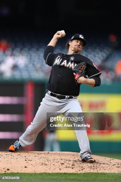 Tom Koehler of the Miami Marlins pitches during the game against the Washington Nationals at Nationals Park on Thursday, April 6, 2017 in Washington,...