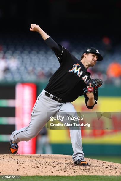 Tom Koehler of the Miami Marlins pitches during the game against the Washington Nationals at Nationals Park on Thursday, April 6, 2017 in Washington,...