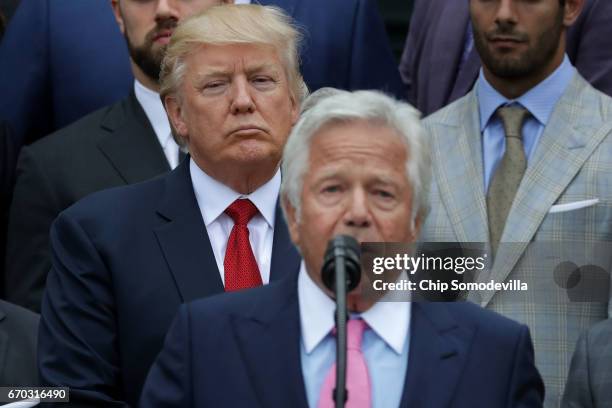 New England Patriots owner Robert Kraft delivers remarks during an event celebrating the team's Super Bowl win hosted by U.S. President Donald Trump...