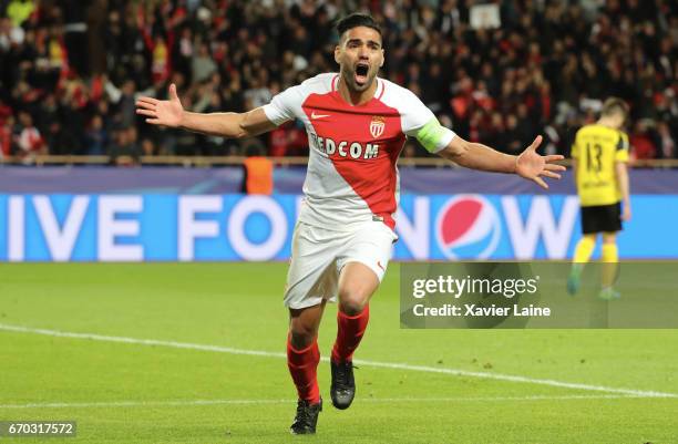 Captain Radamel Falcao of AS Monaco celebrates his goal during the UEFA Champions League Quarter Final second leg between AS Monaco and Borussia...