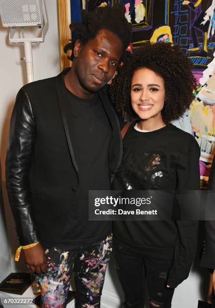 Bradley Theodore and Nathalie Emmanuel attend a VIP private view for New York artist Bradley Theodore at Maddox Gallery on April 19, 2017 in London,...