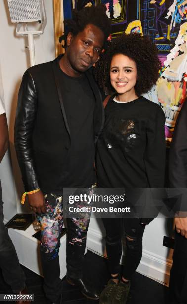 Bradley Theodore and Nathalie Emmanuel attend a VIP private view for New York artist Bradley Theodore at Maddox Gallery on April 19, 2017 in London,...