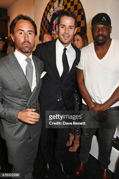 Jay Rutland, Jamie Redknapp and Dereck Chisora attend a VIP private view for New York artist Bradley Theodore at Maddox Gallery on April 19, 2017 in...