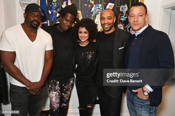 Dereck Chisora, Bradley Theodore, Nathalie Emmanuel, Thierry Henry and John Terry attend a VIP private view for New York artist Bradley Theodore at...