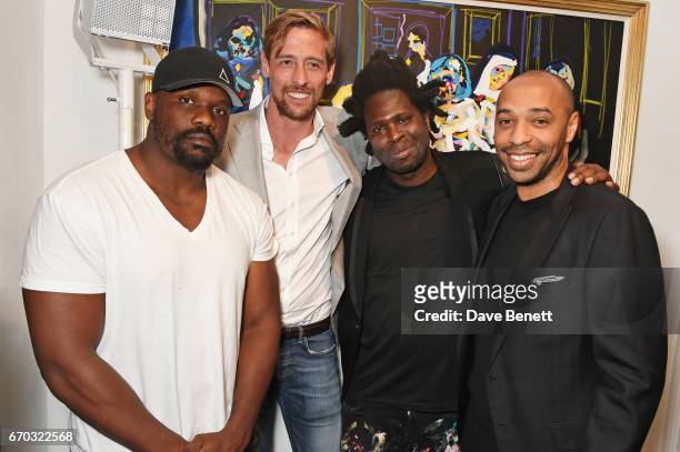 Dereck Chisora, Peter Crouch, Bradley Theodore and Thierry Henry attend a VIP private view for New York artist Bradley Theodore at Maddox Gallery on...