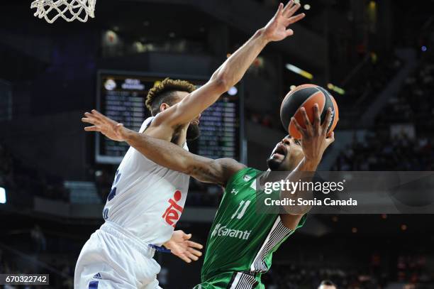 Brad Wanamaker, #11 guard of Darussafaka Dogus Istanbul and Jeffery Taylor, #44 forward of Real Madrid during the 2016/2017 Turkish Airlines...