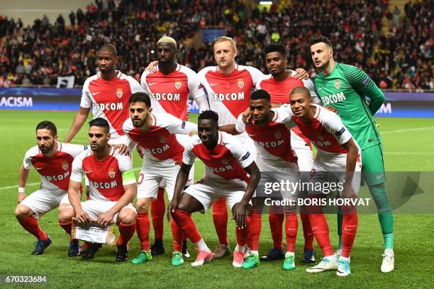 Monaco's Croatian goalkeeper Danijel Subasic, Monaco's Brazilian defender Jemerson, Monaco's Portuguese midfielder Joao Moutinho, Monaco's Colombian...