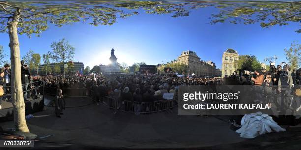 This 360 image shows French presidential election candidate for the left-wing French Socialist party Benoit Hamon delivering a speech during a...