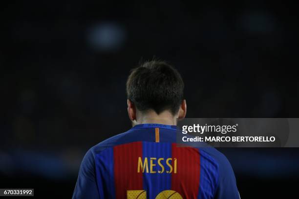 Barcelona's Argentinian forward Lionel Messi stands during the UEFA Champions League quarter-final second leg football match FC Barcelona vs Juventus...