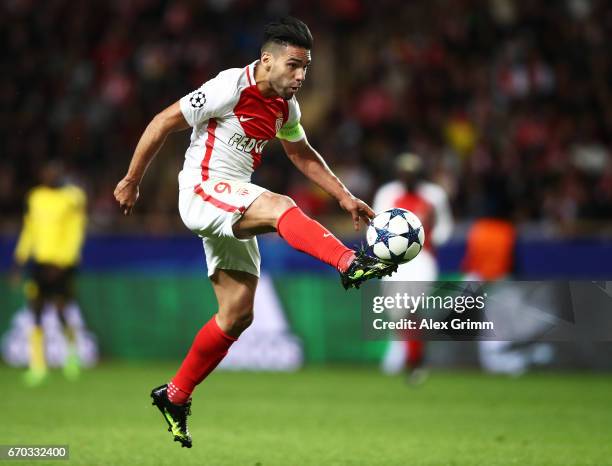 Radamel Falcao Garcia of Monaco takes a shot at goal during the UEFA Champions League Quarter Final second leg match between AS Monaco and Borussia...